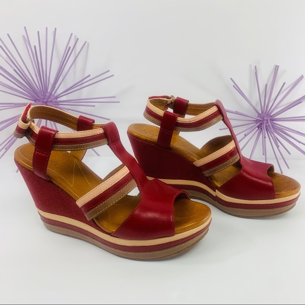 Naya Elise / Cream Taupe Red Ankle Strap Wedges - Picture 4 of 8
